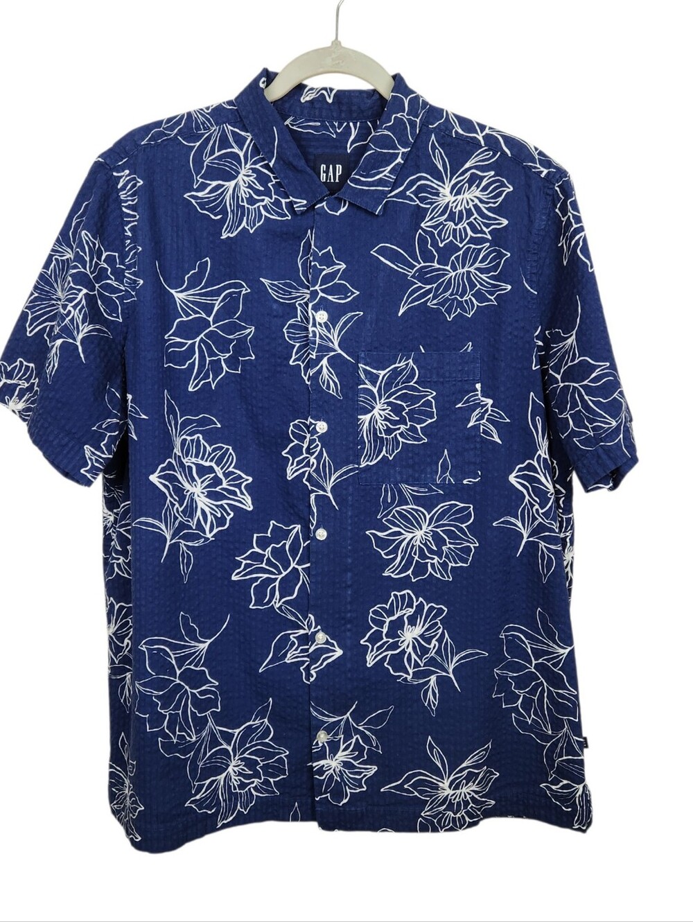 Gap Floral Aloha Seersucker Navy Button Down Short Sleeve Shirt Mens Size XL